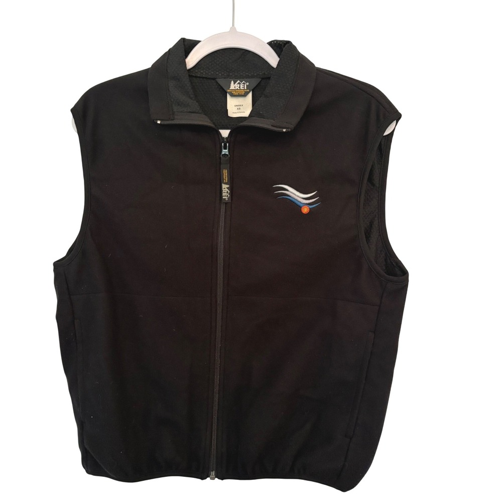 Vtg REI Unisex Fleece XS Black Fleece Full Zip Vest Cooperate Wave Logo Gorpcore